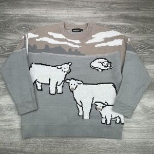 Vamtac Harajuku Cow Field Scene Pullover Knitted Casual Sweater Mens Small